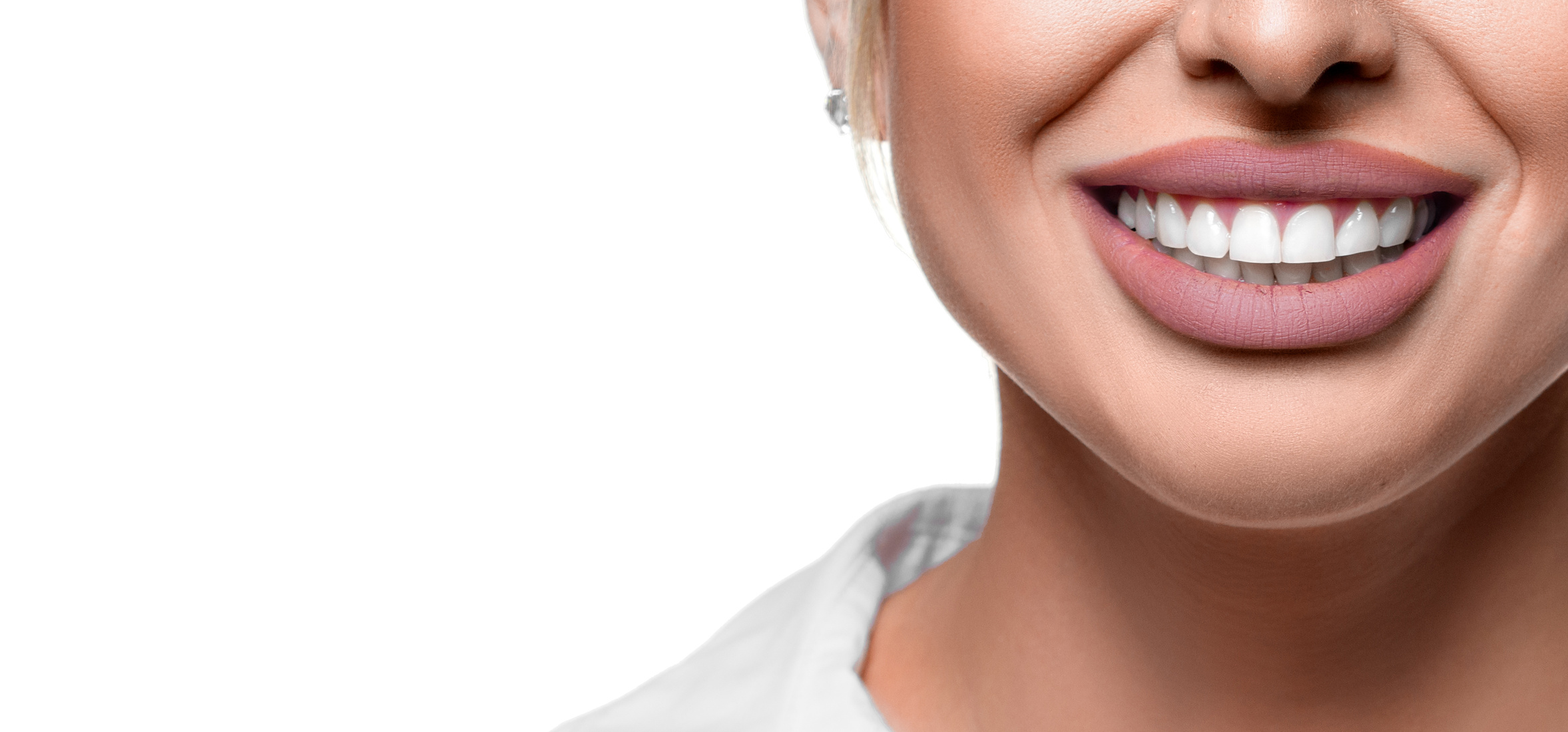 Woman smiling. Teeth whitening and dental health. White background